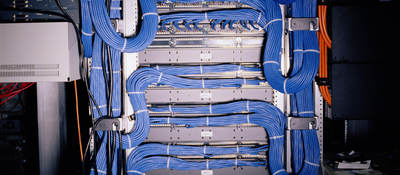 A close-up image of blue telecommunications cable.  