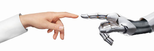 AI and human hand touching index fingers